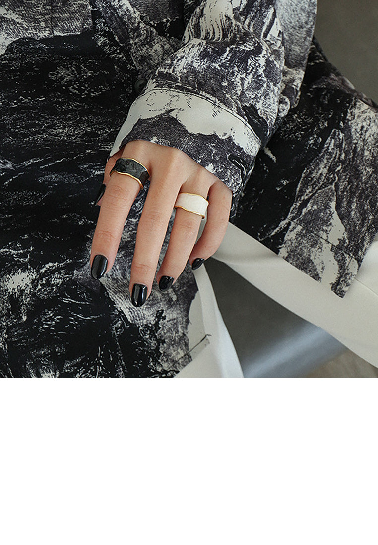 925 Sterling Silver Plated Gold Fashion Simple Irregular Black Geometric Adjustable Opening Ring