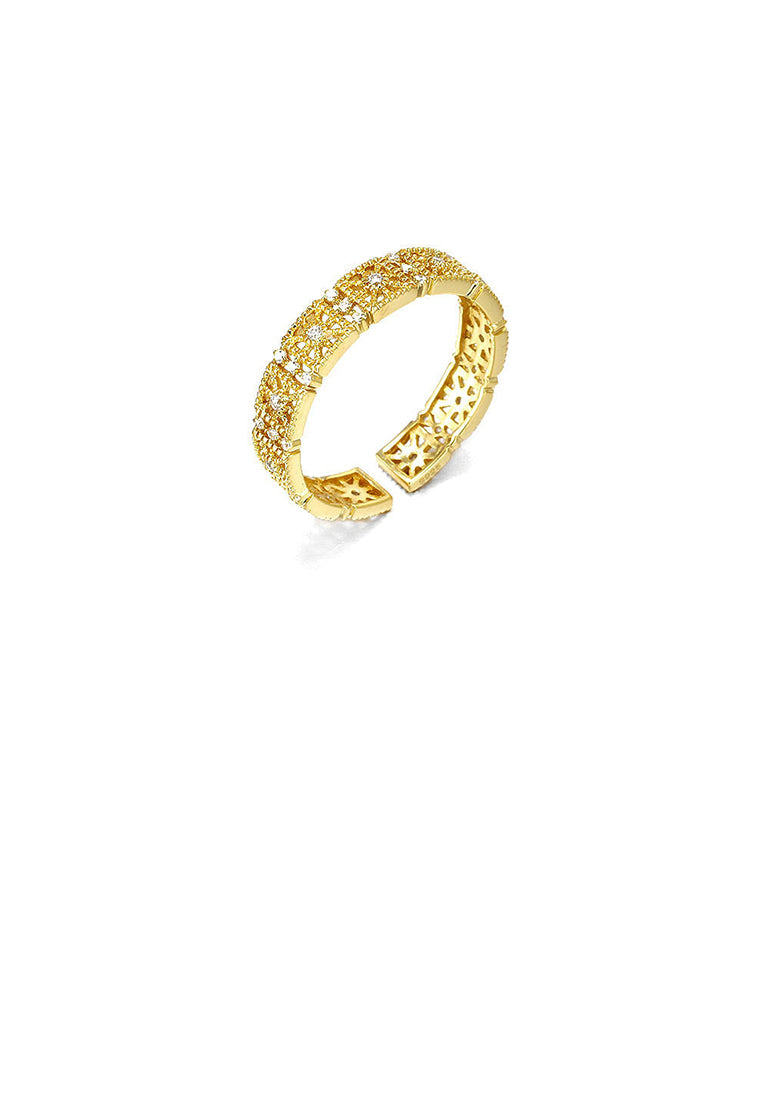 925 Sterling Silver Plated Gold Fashion Elegant Pattern Geometric Adjustable Opening Ring with Cubic Zirconia - Luxurious Look