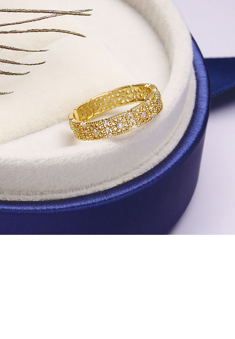 925 Sterling Silver Plated Gold Fashion Elegant Pattern Geometric Adjustable Opening Ring with Cubic Zirconia - Luxurious Look