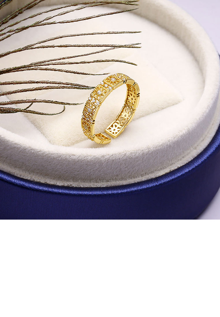 925 Sterling Silver Plated Gold Fashion Elegant Pattern Geometric Adjustable Opening Ring with Cubic Zirconia - Luxurious Look