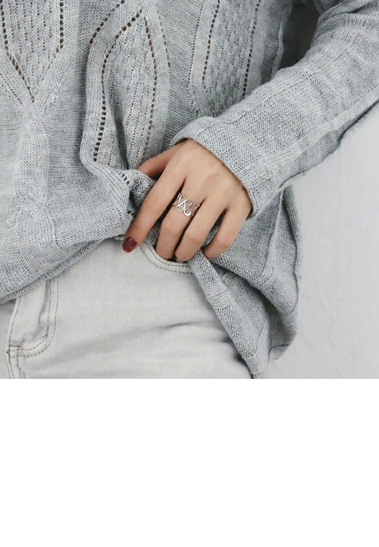 925 Sterling Silver Simple Personality Hollow Water Ripple Geometric Adjustable Opening Ring