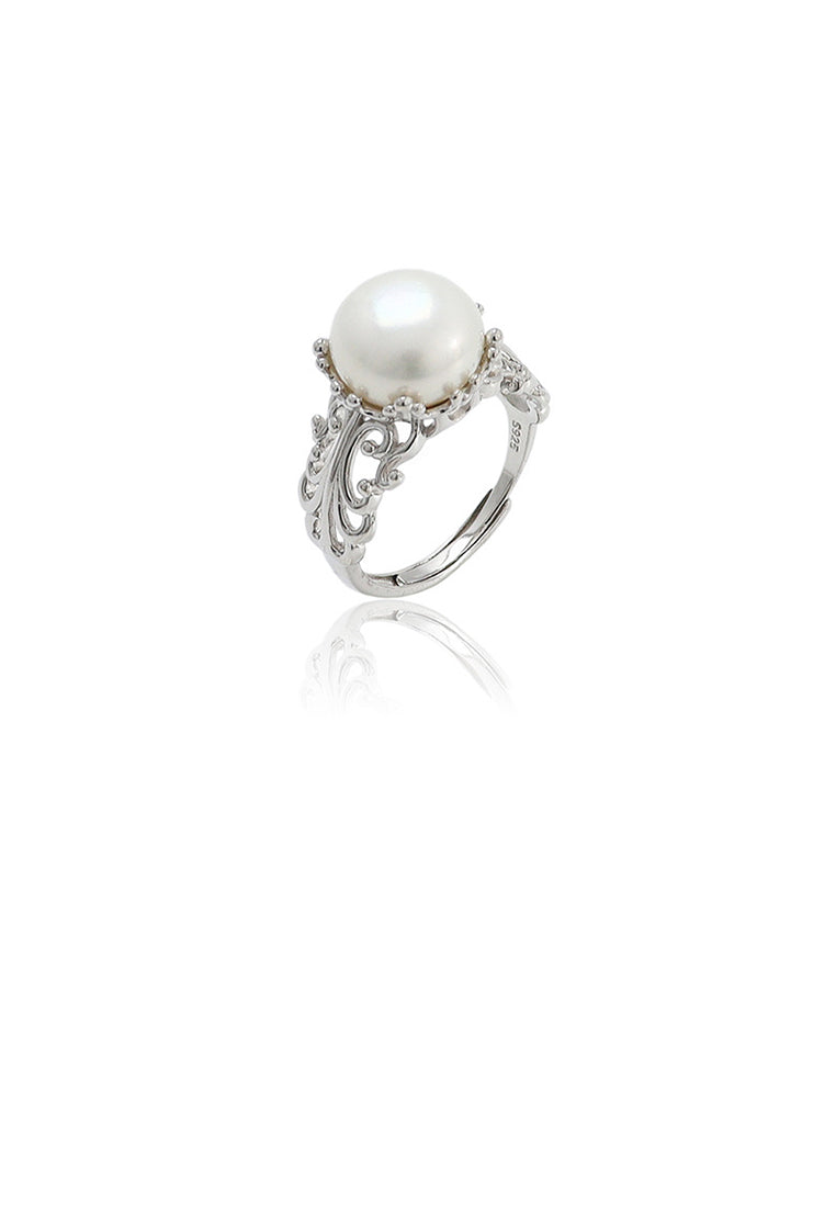 925 Sterling Silver Fashion Elegant Hollow Pattern Freshwater Pearl Adjustable Ring - Luxurious Look