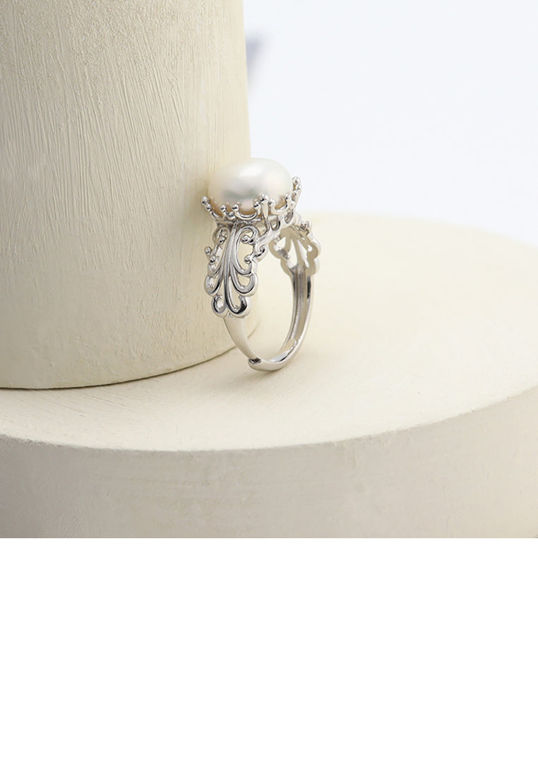 925 Sterling Silver Fashion Elegant Hollow Pattern Freshwater Pearl Adjustable Ring - Luxurious Look