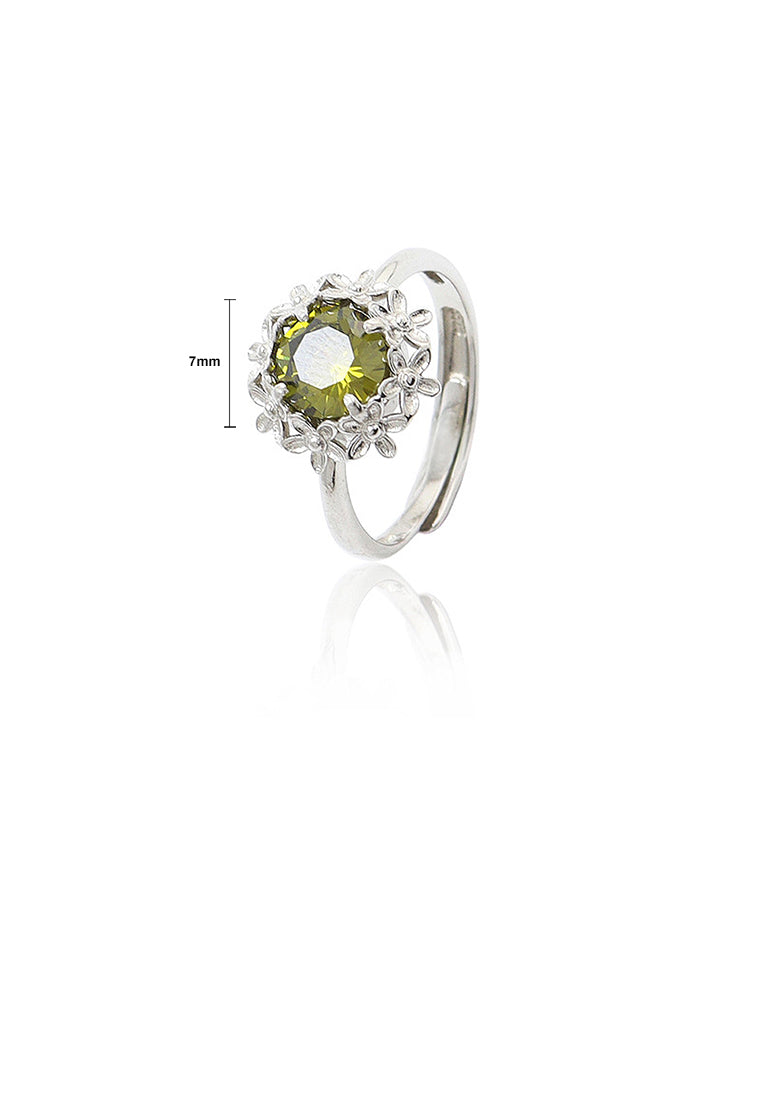 925 Sterling Silver Fashion Temperament Flower Geometric Green Cubic Zirconia Adjustable Ring - Luxurious Look