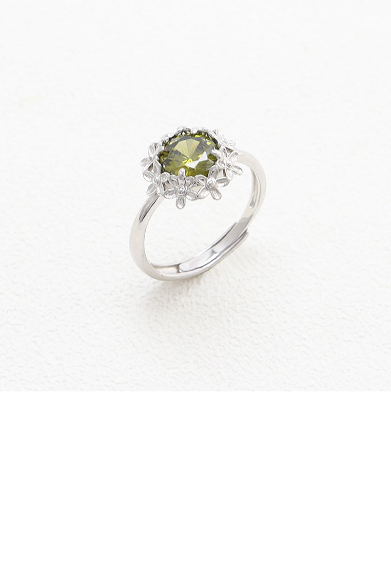 925 Sterling Silver Fashion Temperament Flower Geometric Green Cubic Zirconia Adjustable Ring - Luxurious Look
