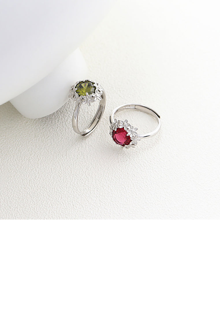 925 Sterling Silver Fashion Temperament Flower Geometric Green Cubic Zirconia Adjustable Ring - Luxurious Look