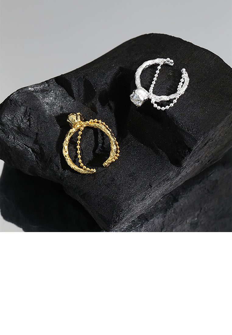 925 Sterling Silver Plated Gold Fashion Simple Irregular Round Bead Double Geometric Adjustable Opening Ring