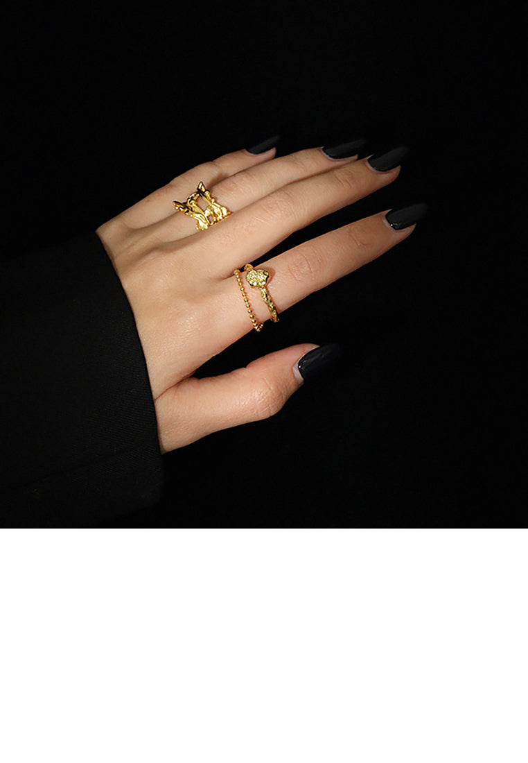 925 Sterling Silver Plated Gold Fashion Simple Irregular Round Bead Double Geometric Adjustable Opening Ring