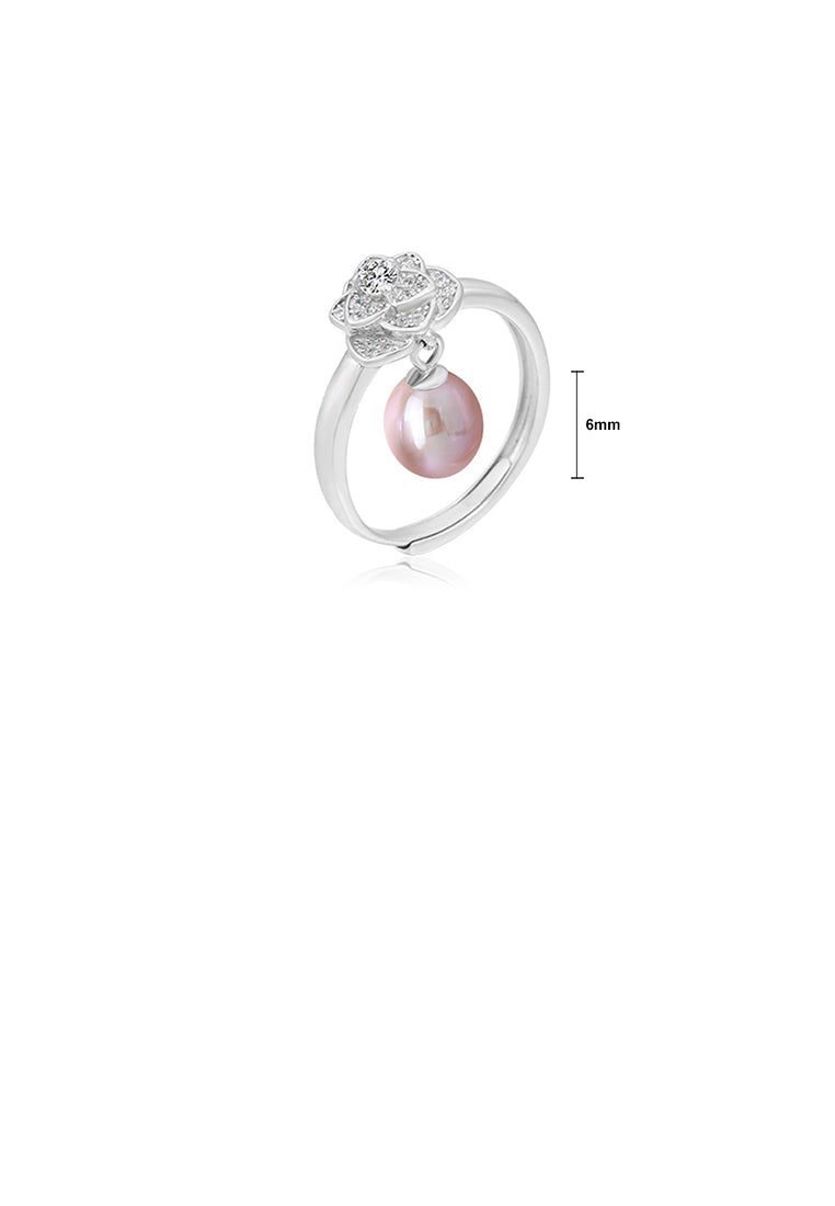 925 Sterling Silver Fashion Elegant Flower Purple Freshwater Pearl Adjustable Ring with Cubic Zirconia - Luxurious Look