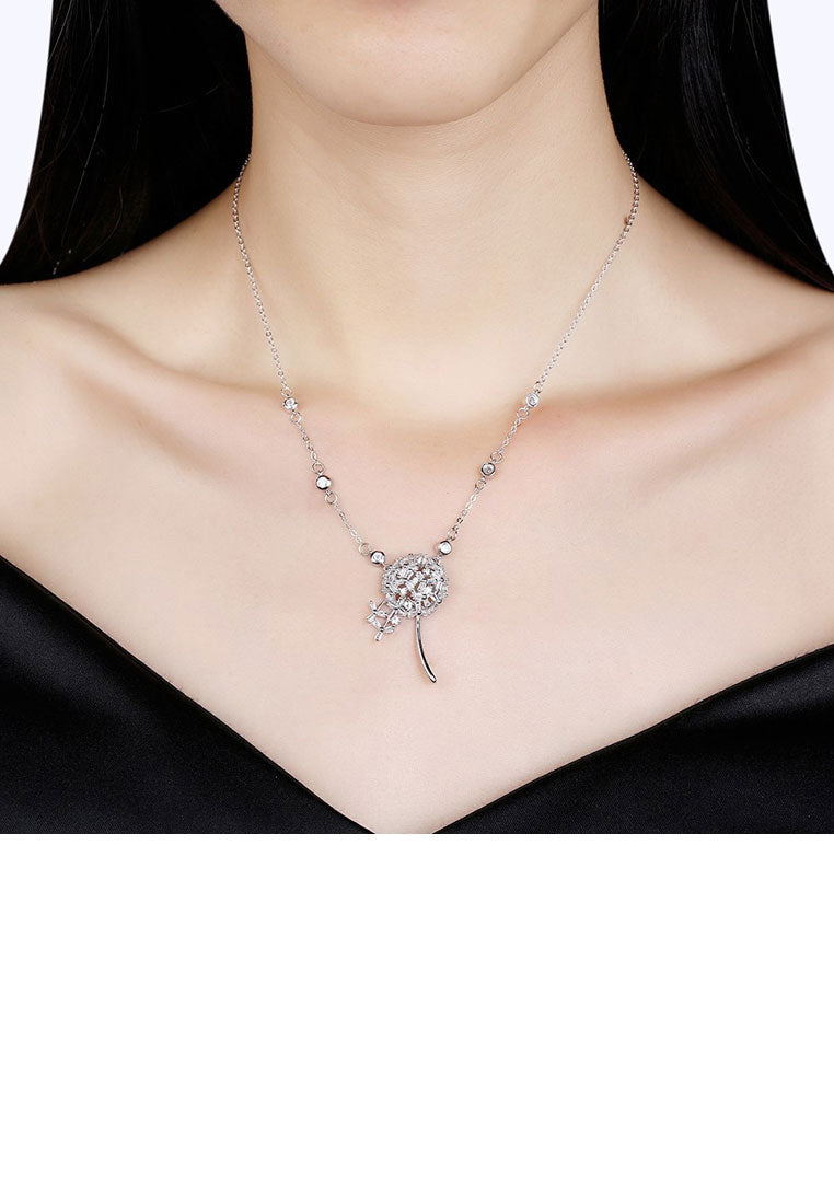 925 Sterling Silver Dandelion Necklace with White Austrian Element Crystal