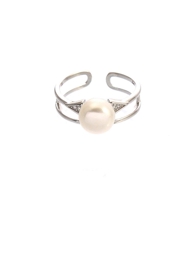 925 Sterling Silver Fashion Simple Geometric White Freshwater Pearl Adjustable Open Ring - Luxurious Look