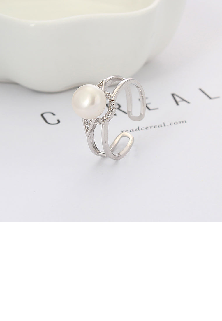 925 Sterling Silver Fashion Simple Geometric White Freshwater Pearl Adjustable Open Ring - Luxurious Look