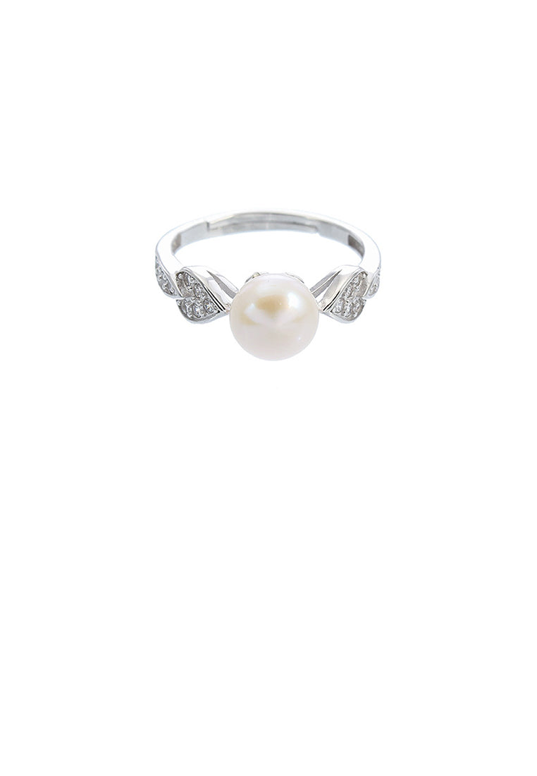 925 Sterling Silver Simple Sweet Heart White Freshwater Pearl Adjustable Ring with Cubic Zirconia - Luxurious Look