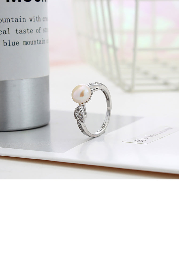 925 Sterling Silver Simple Sweet Heart White Freshwater Pearl Adjustable Ring with Cubic Zirconia - Luxurious Look
