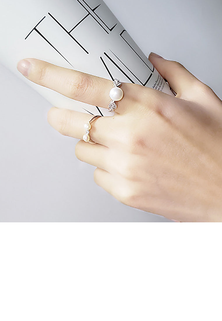 925 Sterling Silver Simple Sweet Heart White Freshwater Pearl Adjustable Ring with Cubic Zirconia - Luxurious Look