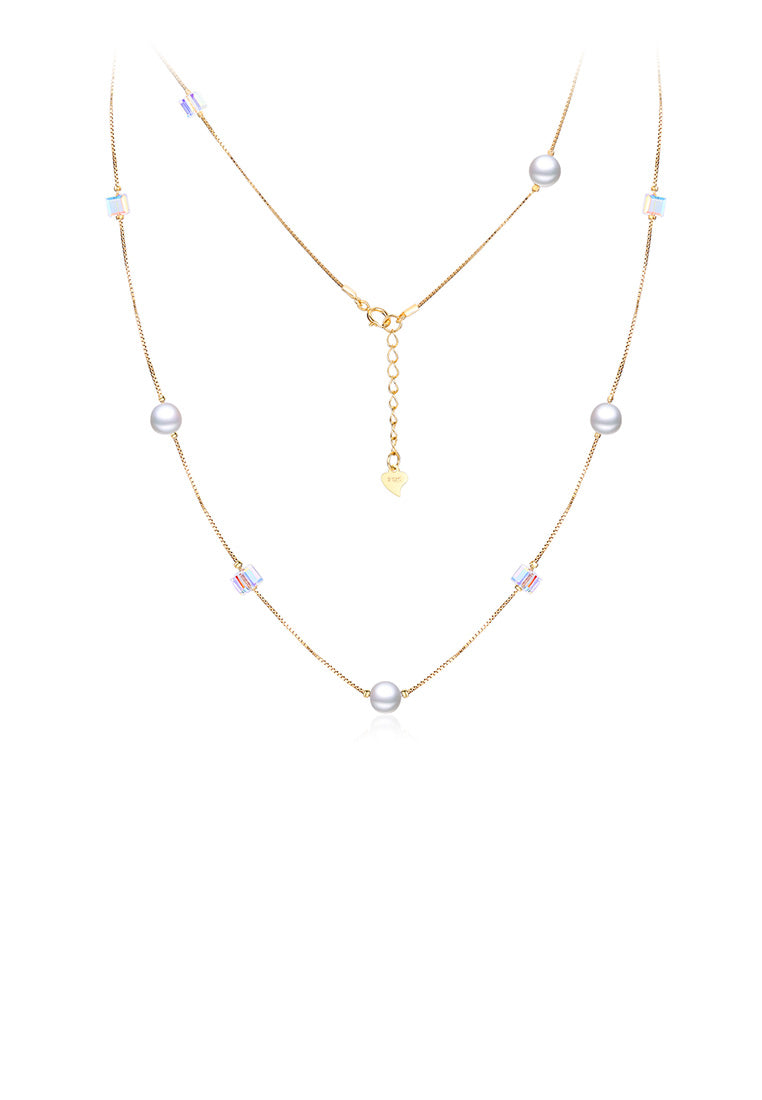 925 Sterling Silver Plated Rose Gold Fashion Simple Pearl Geometric Square Austrian Element Crystal Long Necklace - Luxurious Look