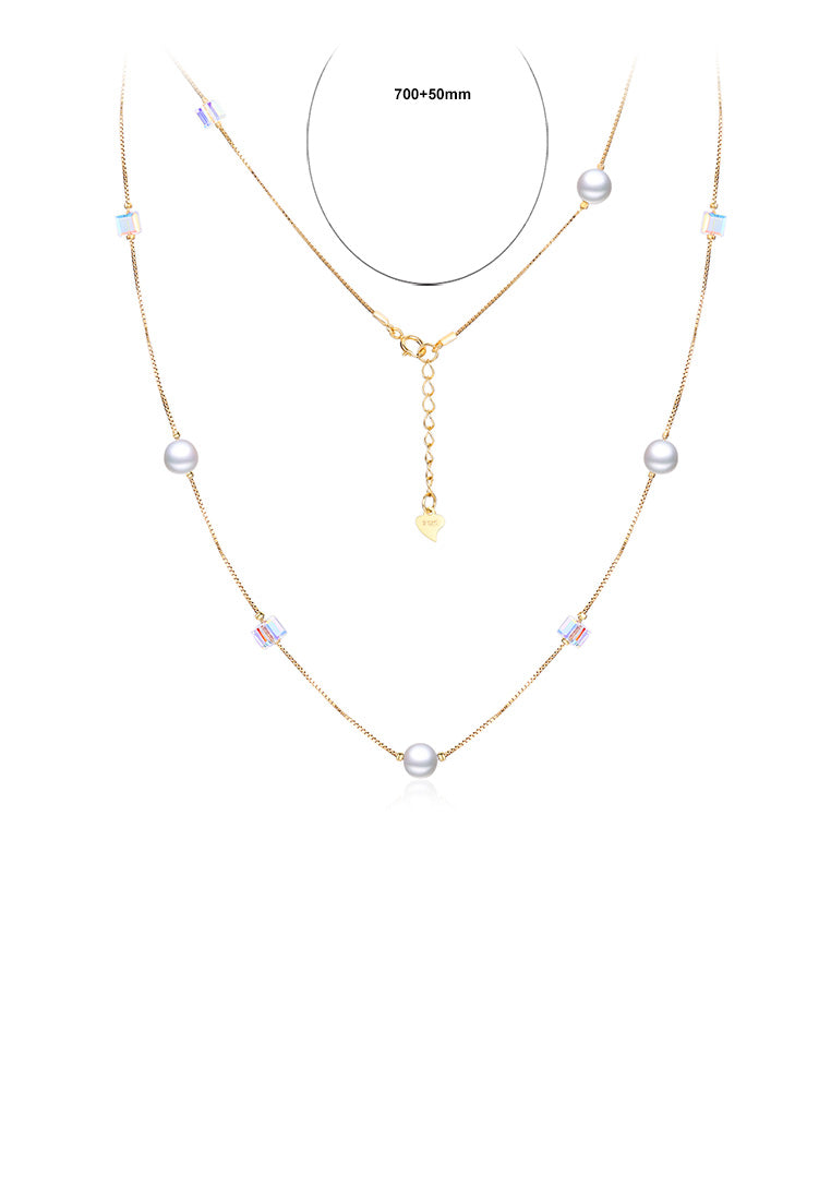 925 Sterling Silver Plated Rose Gold Fashion Simple Pearl Geometric Square Austrian Element Crystal Long Necklace - Luxurious Look