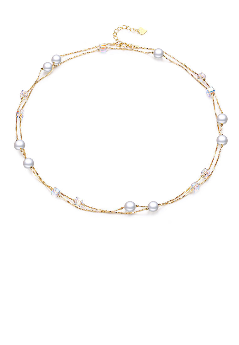 925 Sterling Silver Plated Rose Gold Fashion Simple Pearl Geometric Square Austrian Element Crystal Long Necklace - Luxurious Look