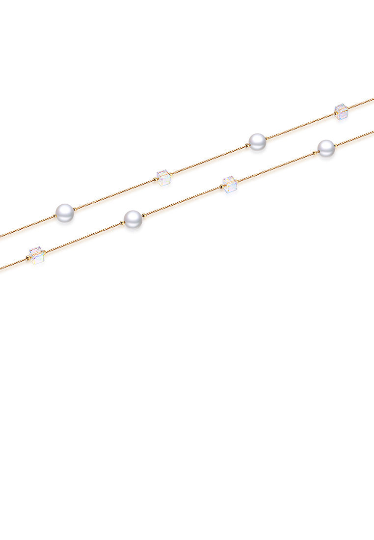 925 Sterling Silver Plated Rose Gold Fashion Simple Pearl Geometric Square Austrian Element Crystal Long Necklace - Luxurious Look