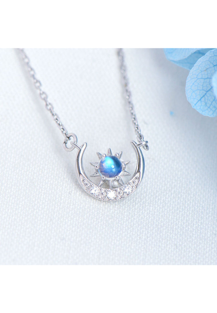 925 Sterling Silver Star Moon Necklace with Blue Austrian Element Crystal