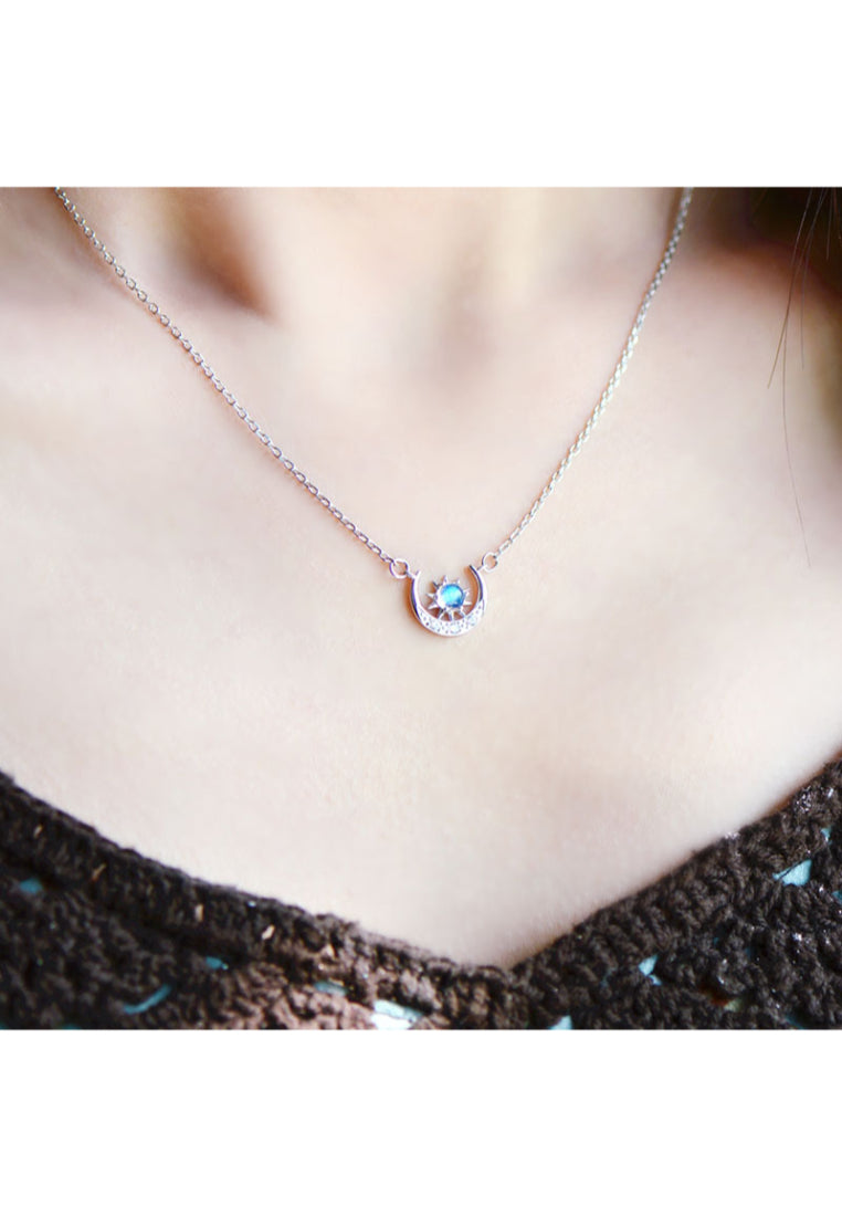925 Sterling Silver Star Moon Necklace with Blue Austrian Element Crystal