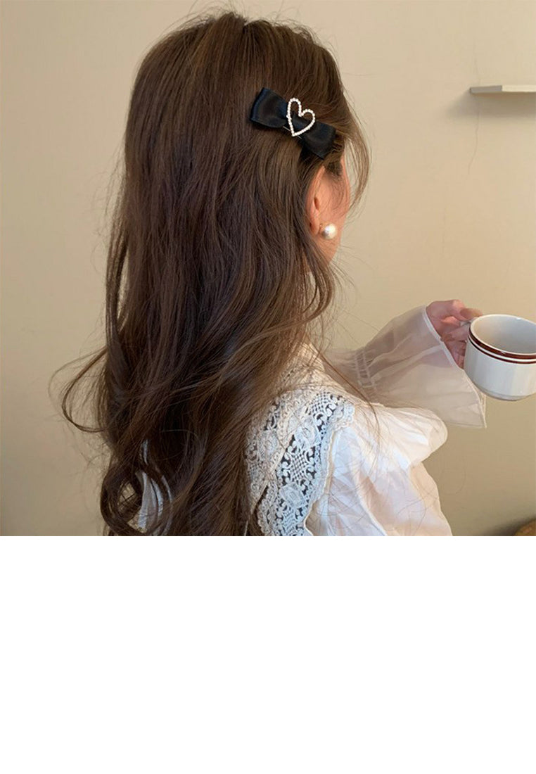 Simple And Sweet Hollow Heart-Shaped Ribbon Hair Clip With Cubic Zirconia - Luxurious Look
