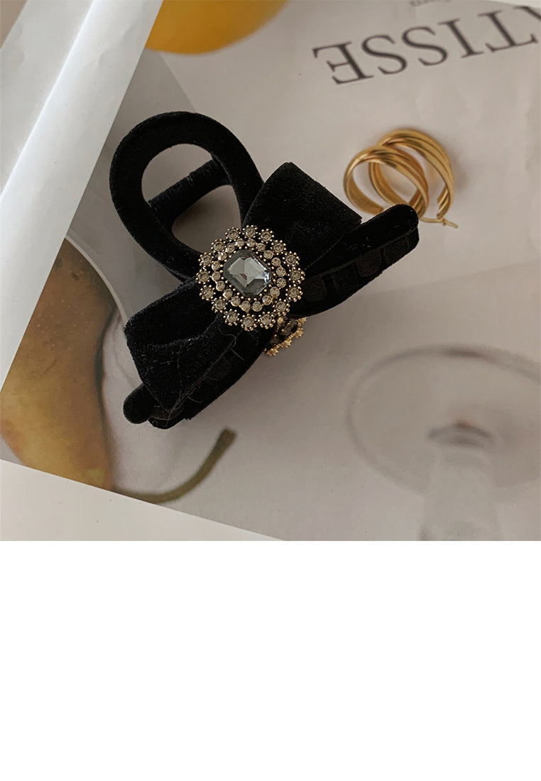 Fashion Temperament Black Velvet Ribbon Hair Claw With Cubic Zirconia - Elegant Hairpiece - Luxurious Look