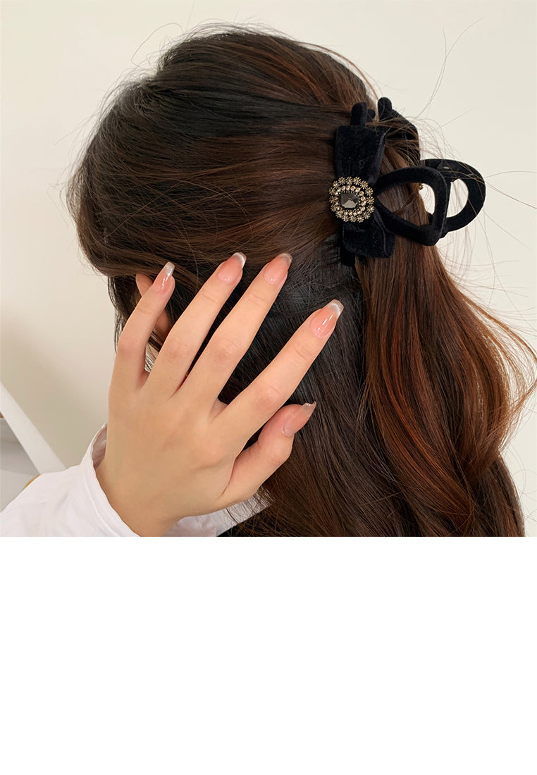 Fashion Temperament Black Velvet Ribbon Hair Claw With Cubic Zirconia - Elegant Hairpiece - Luxurious Look