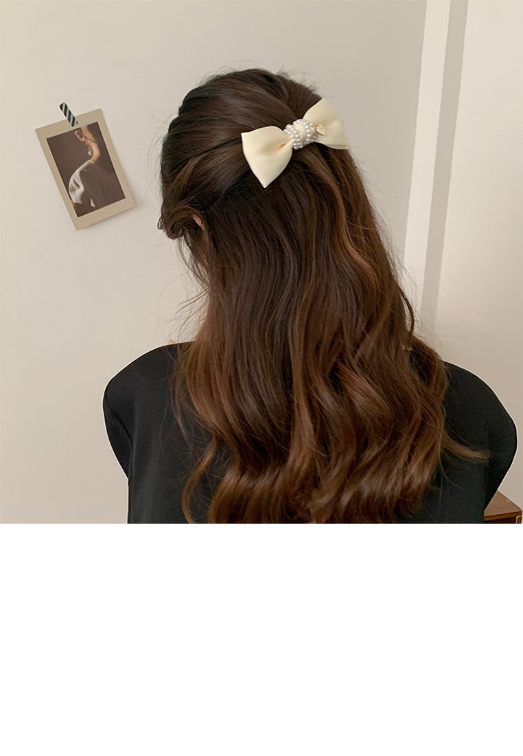 Simple And Sweet White Ribbon Imitation Pearl Hair Clip - Luxurious Look
