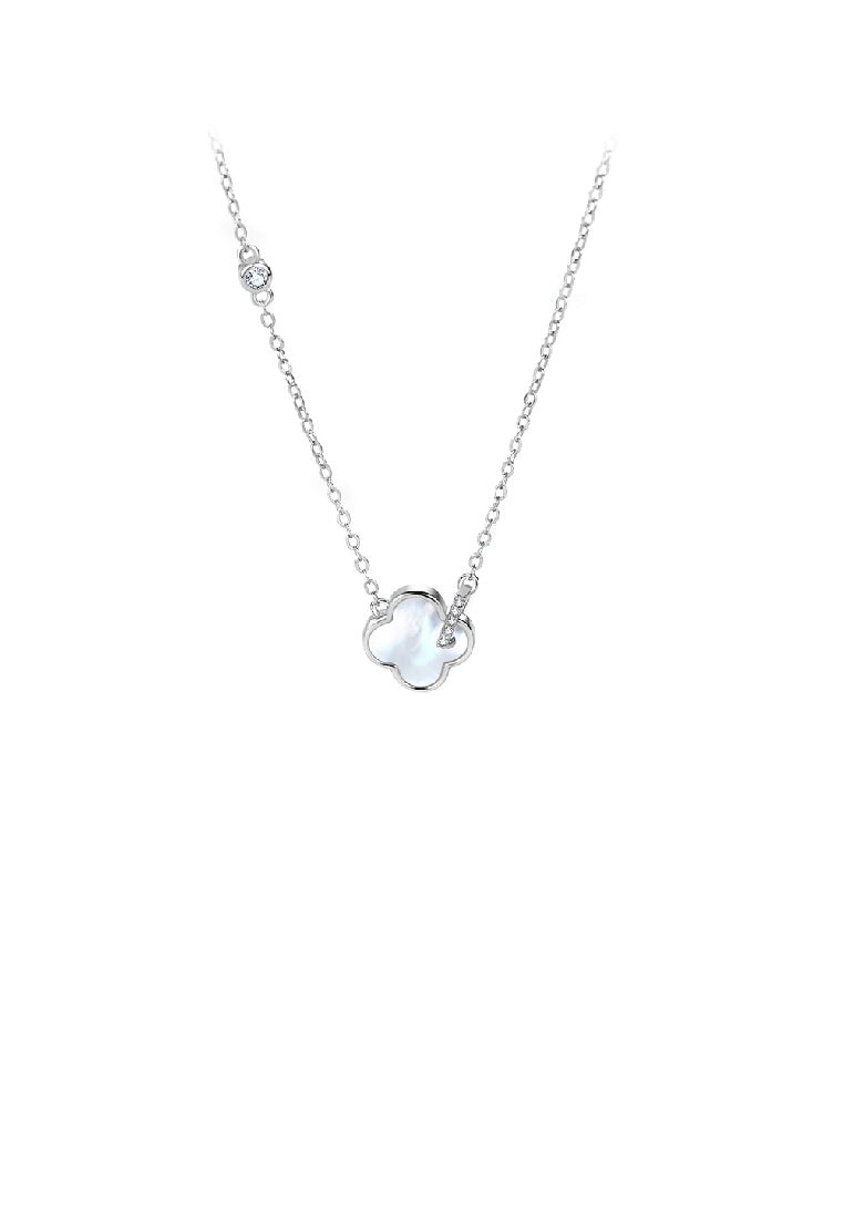 925 Sterling Silver Simple and Fashion Four-leafed Clover Mother-of-pearl Pendant with Cubic Zirconia and Necklace - Luxurious Look