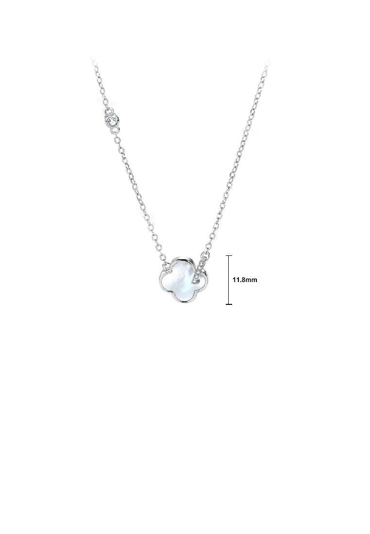 925 Sterling Silver Simple and Fashion Four-leafed Clover Mother-of-pearl Pendant with Cubic Zirconia and Necklace - Luxurious Look