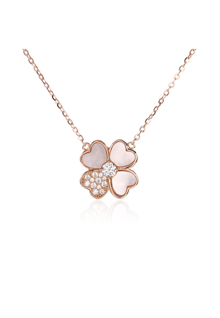 925 Sterling Silver Plated Rose Gold Fashion Simple Four-leafed Clover Pendant with Cubic Zirconia and Necklace - Luxurious Look