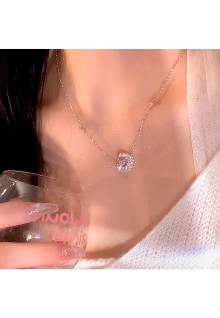 925 Sterling Silver Fashion Bright Moon Star Pendant with Cubic Zirconia and Necklace - Luxurious Look