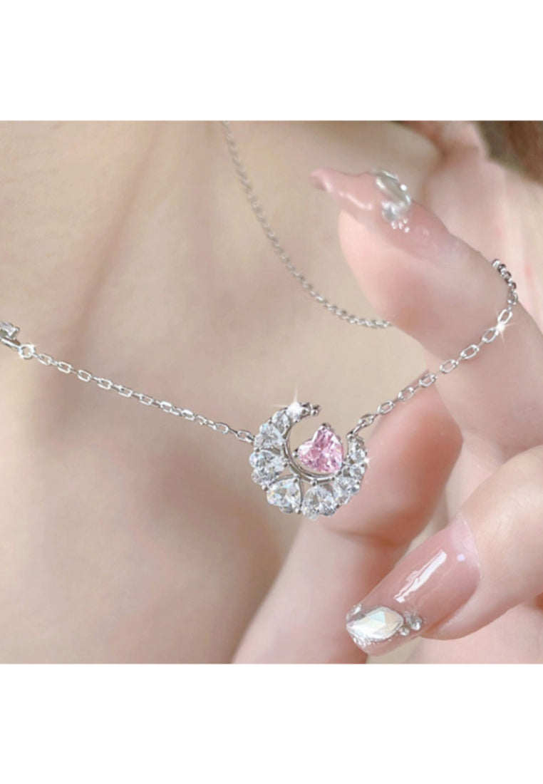 925 Sterling Silver Fashion Bright Moon Star Pendant with Cubic Zirconia and Necklace - Luxurious Look