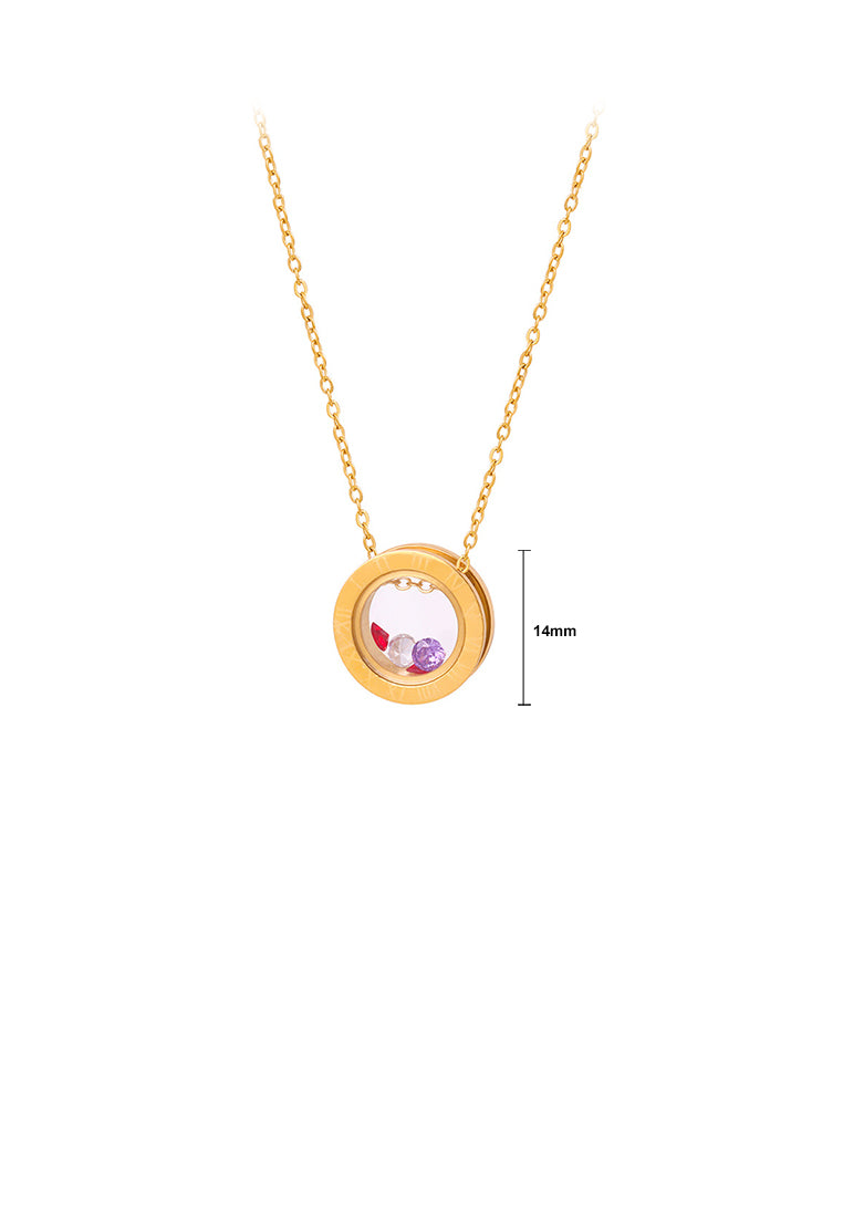 Fashion and Simple Plated Gold 316L Stainless Steel Roman Numeral Geometric Round Pendant with Cubic Zirconia and Necklace - Luxurious Look