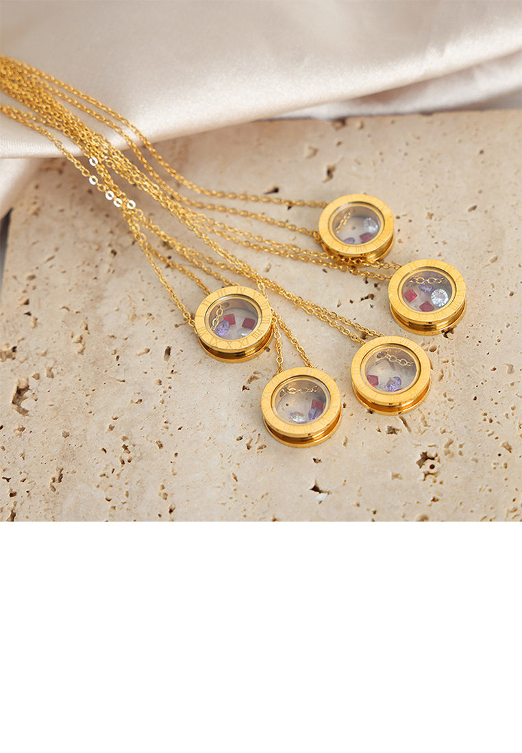 Fashion and Simple Plated Gold 316L Stainless Steel Roman Numeral Geometric Round Pendant with Cubic Zirconia and Necklace - Luxurious Look