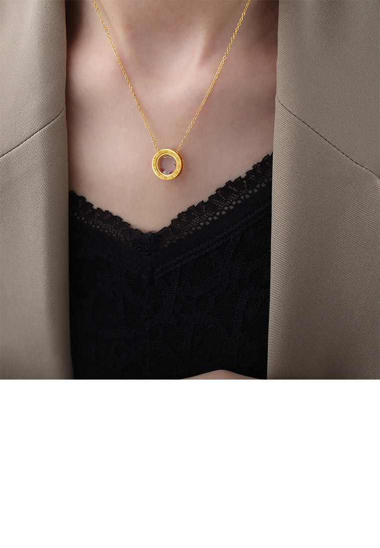 Fashion and Simple Plated Gold 316L Stainless Steel Roman Numeral Geometric Round Pendant with Cubic Zirconia and Necklace - Luxurious Look