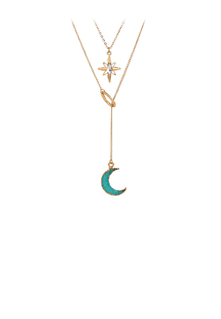 Fashion Simple Plated Gold Moon Star Tassel Pendant with Cubic Zirconia and Double Layer Necklace - Luxurious Look