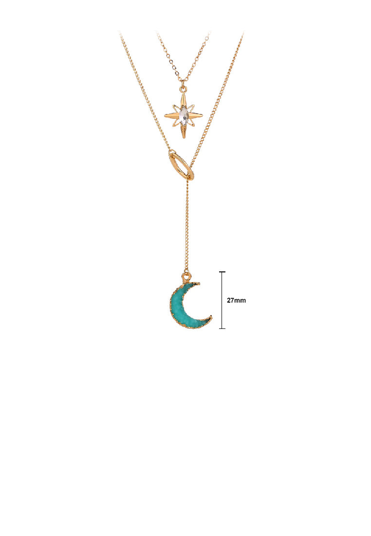 Fashion Simple Plated Gold Moon Star Tassel Pendant with Cubic Zirconia and Double Layer Necklace - Luxurious Look