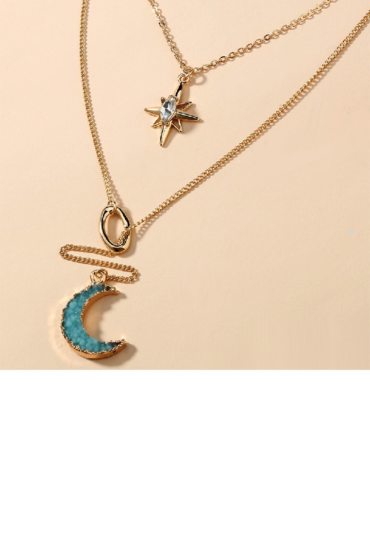 Fashion Simple Plated Gold Moon Star Tassel Pendant with Cubic Zirconia and Double Layer Necklace - Luxurious Look