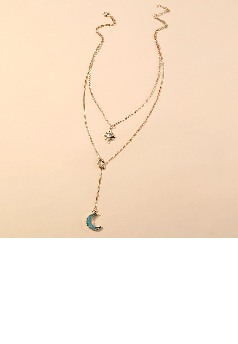 Fashion Simple Plated Gold Moon Star Tassel Pendant with Cubic Zirconia and Double Layer Necklace - Luxurious Look