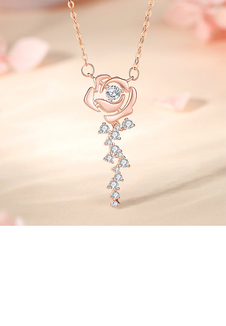 925 Sterling Silver Plated Rose Gold Fashion Romantic Rose Tassel Pendant with Cubic Zirconia and Necklace - Luxurious Look