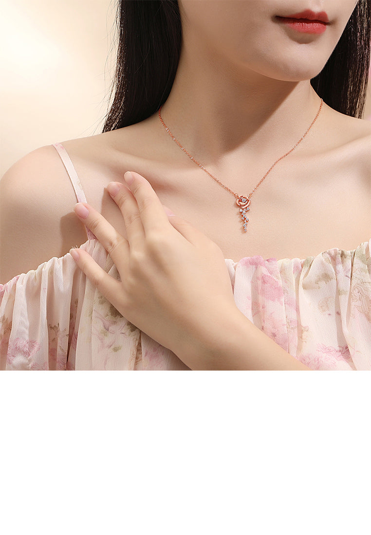 925 Sterling Silver Plated Rose Gold Fashion Romantic Rose Tassel Pendant with Cubic Zirconia and Necklace - Luxurious Look