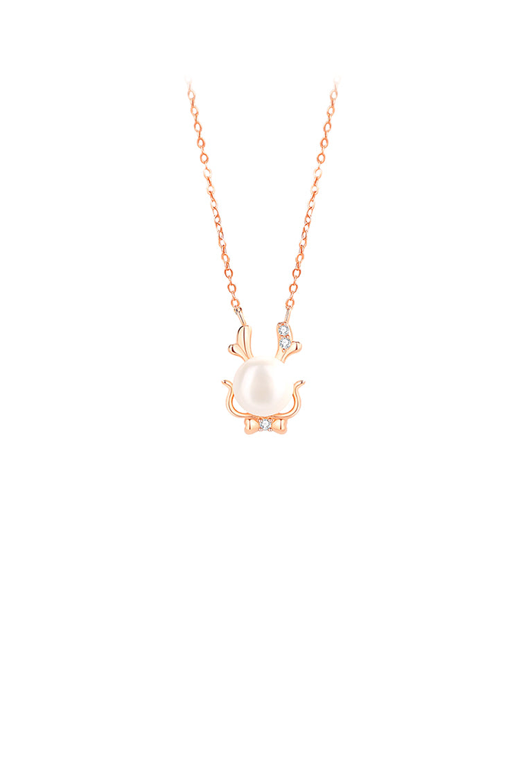 925 Sterling Silver Plated Rose Gold Simple and Cute Dragon Imitation Pearl Pendant with Cubic Zirconia and Necklace - Luxurious Look