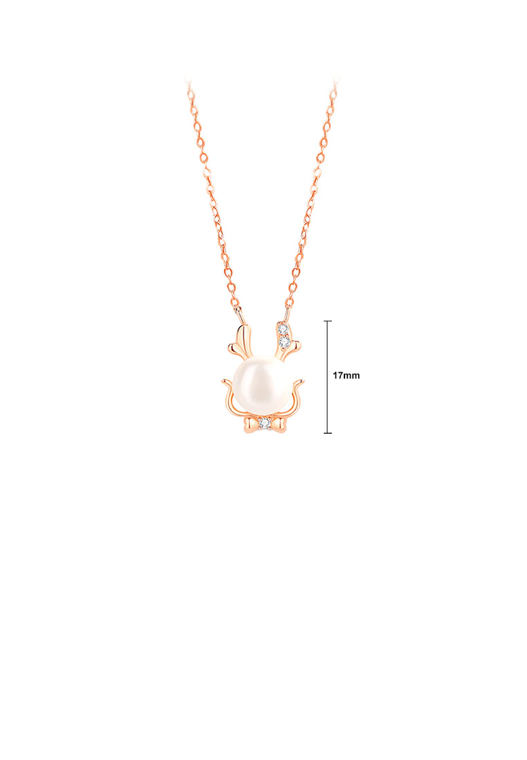 925 Sterling Silver Plated Rose Gold Simple and Cute Dragon Imitation Pearl Pendant with Cubic Zirconia and Necklace - Luxurious Look