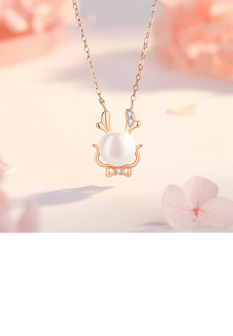925 Sterling Silver Plated Rose Gold Simple and Cute Dragon Imitation Pearl Pendant with Cubic Zirconia and Necklace - Luxurious Look