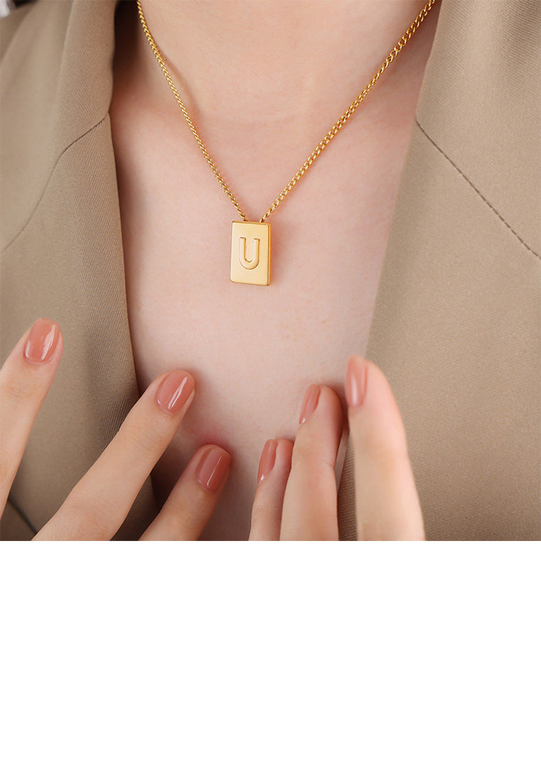 Fashion and Simple Plated Gold 316L Stainless Steel Alphabet U Geometric Square Pendant with Necklace