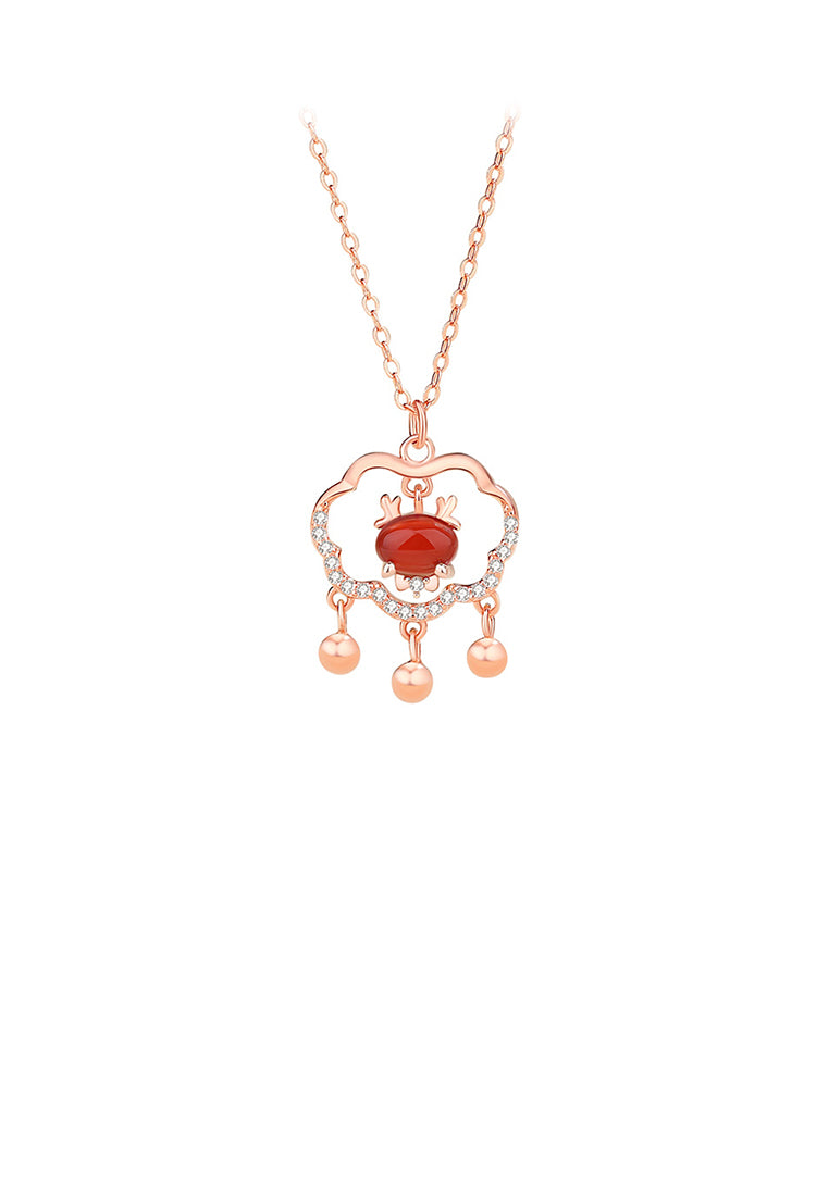 925 Sterling Silver Plated Rose Gold Fashion Vintage Dragon Ruyi Lock Pendant with Cubic Zirconia and Necklace - Luxurious Look