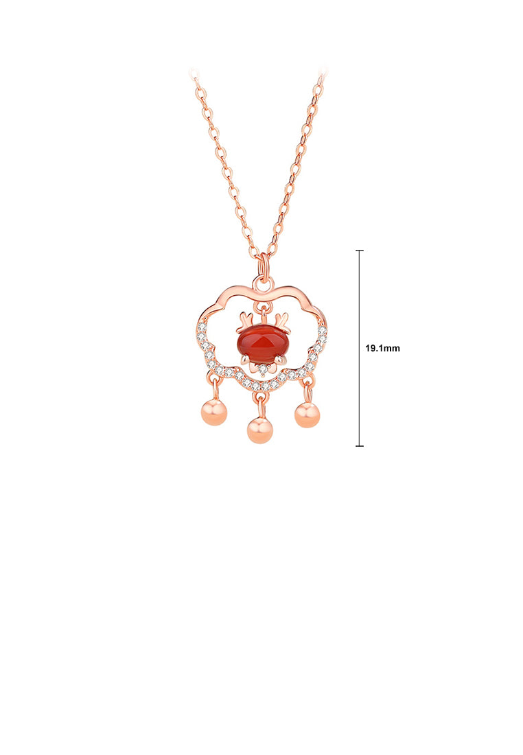 925 Sterling Silver Plated Rose Gold Fashion Vintage Dragon Ruyi Lock Pendant with Cubic Zirconia and Necklace - Luxurious Look