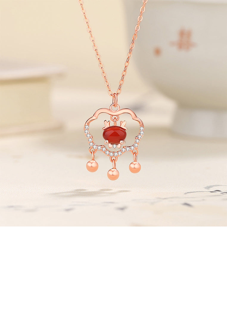 925 Sterling Silver Plated Rose Gold Fashion Vintage Dragon Ruyi Lock Pendant with Cubic Zirconia and Necklace - Luxurious Look